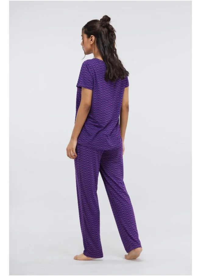 نسيسير Purple Wavy Modal Printed Pajama Set
