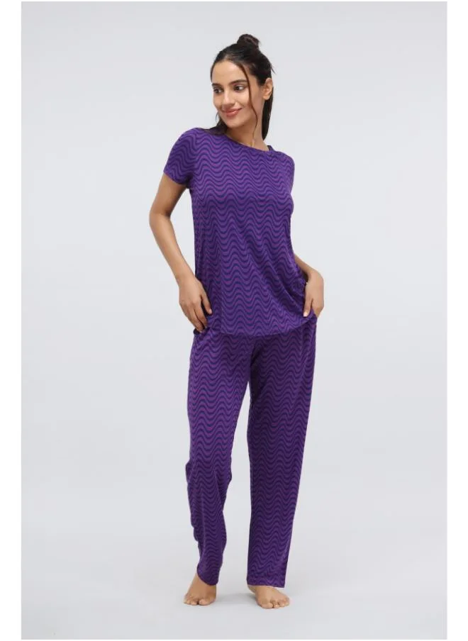 نسيسير Purple Wavy Modal Printed Pajama Set