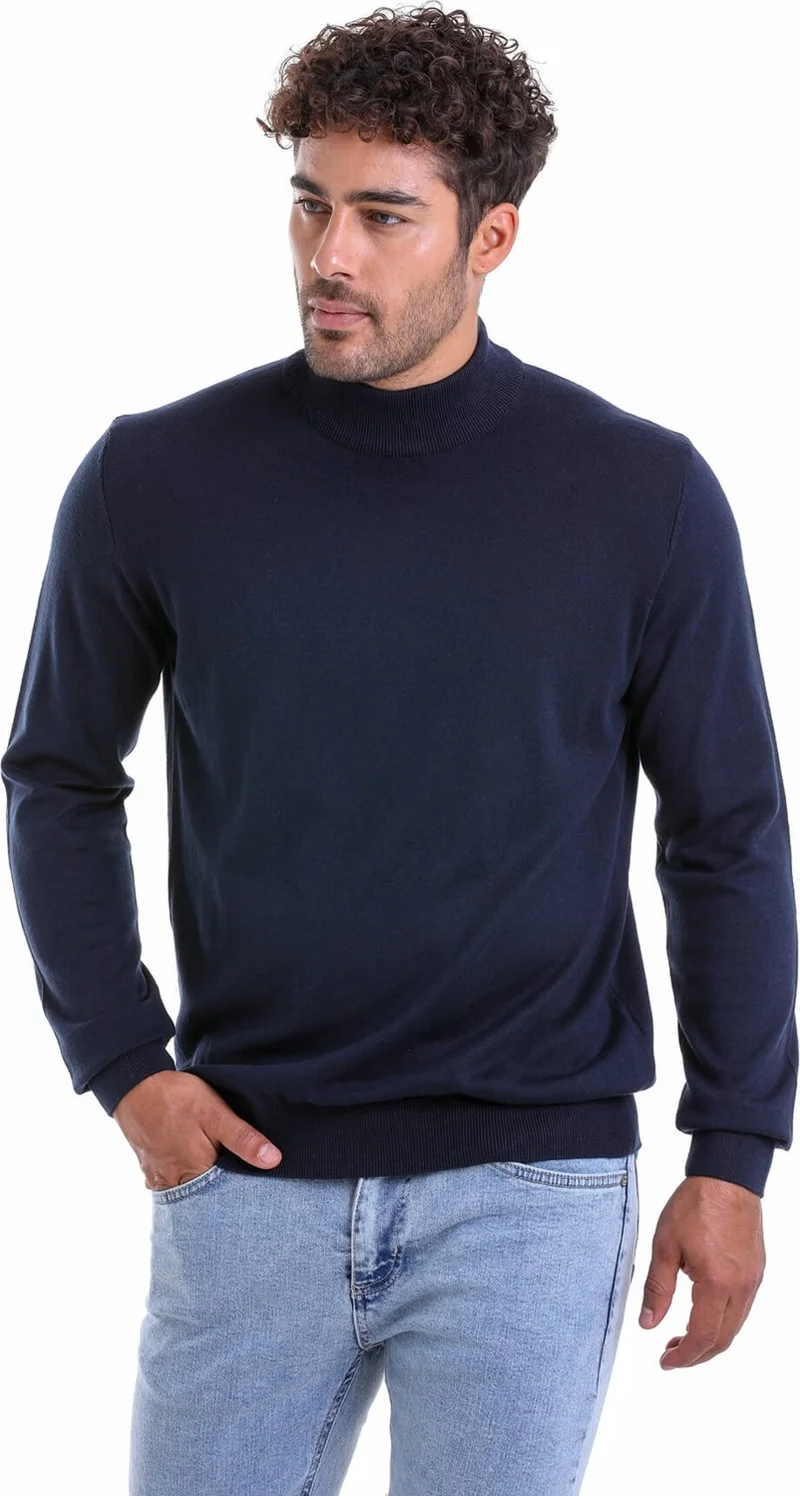 Hatemoğlu Men's Navy Blue Regular Fit 100% Cotton Half Turtleneck Knit Sweater