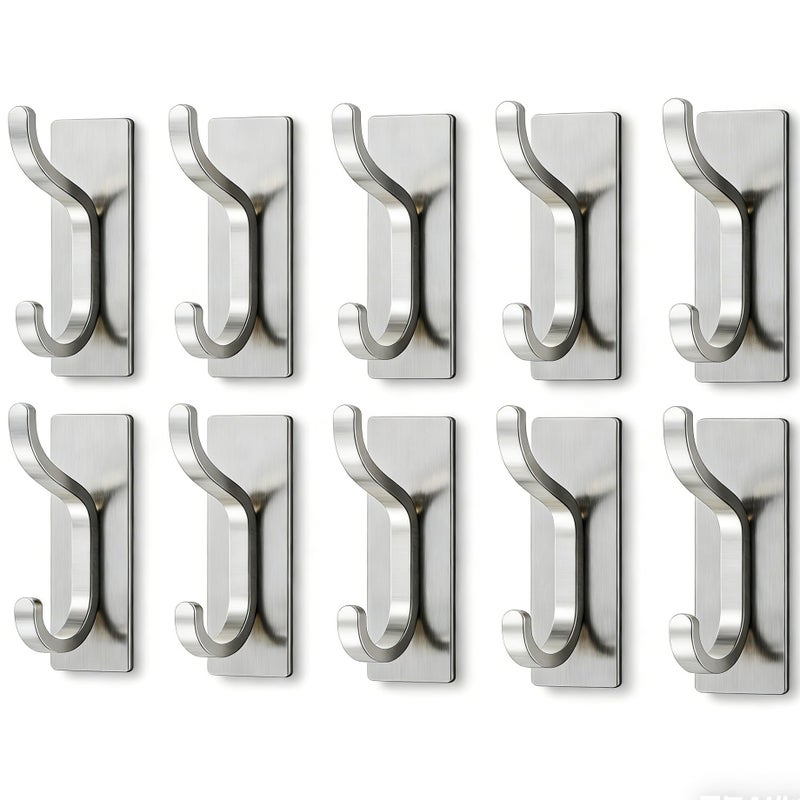 pickpiff Adhesive Wall Coat Hooks - Heavy Duty Stick-On Door Hanger, Metal Hook for Hanging Towel,Purse, Robe, Backpack, Jacket, Clothes - for Bathroom,Dorm, Closet, Kitchen - Brushed Silver, 10 Pack - Image 1