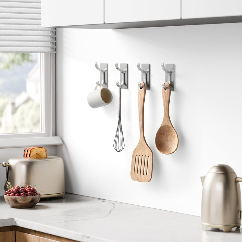 pickpiff Adhesive Wall Coat Hooks - Heavy Duty Stick-On Door Hanger, Metal Hook for Hanging Towel,Purse, Robe, Backpack, Jacket, Clothes - for Bathroom,Dorm, Closet, Kitchen - Brushed Silver, 10 Pack - Image 3