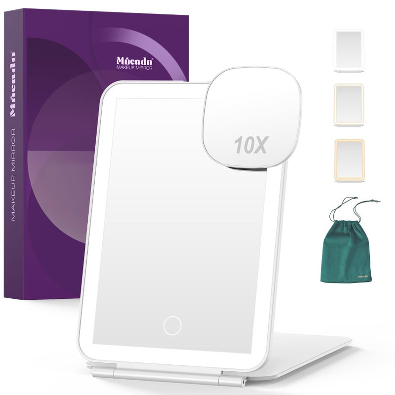 Mocado LED Foldable Travel Makeup Mirror  5x7 inches 3 Colors Light Modes USB Rechargeable Touch Screen Portable Tabletop Cosmetic Mirror for Travel Cosmetic Office White 