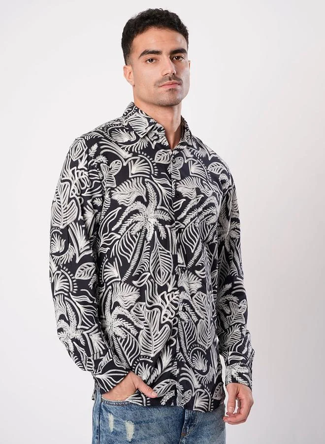 Styli Men Black Tropical Print Slim Fit Shirt By Bene Kleed