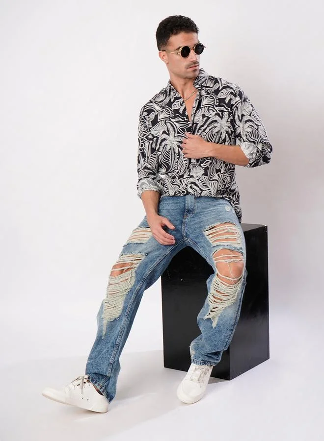 Styli Men Black Tropical Print Slim Fit Shirt By Bene Kleed