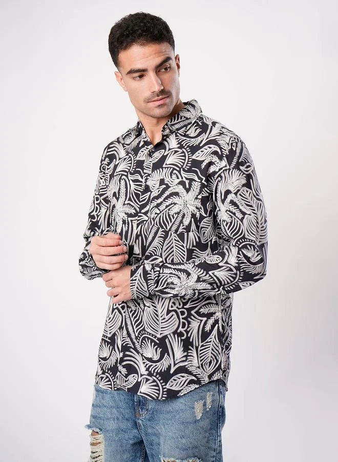 Styli Men Black Tropical Print Slim Fit Shirt By Bene Kleed