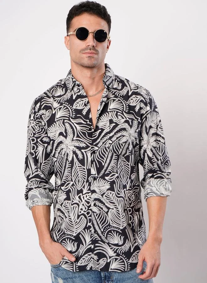 Take Two Men Black Tropical Print Slim Fit Shirt By Bene Kleed