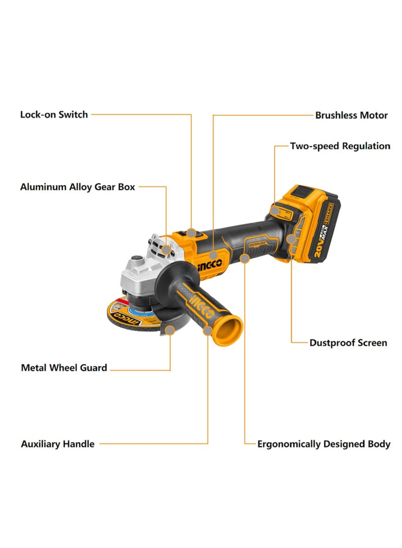 إنجكو جهاز تجليخ زاوية لاسلكي من INGCO – محرك بدون فُرش بقدرة 20 فولت، قرص 115 ملم، 3 إعدادات للسرعة، بطاريتان سعة 4.0 أمبير/ساعة، شاحن، 10 أقراص لقطع المعادن، وحقيبة حمل – الموديل: CAGLI211542 - Image 3