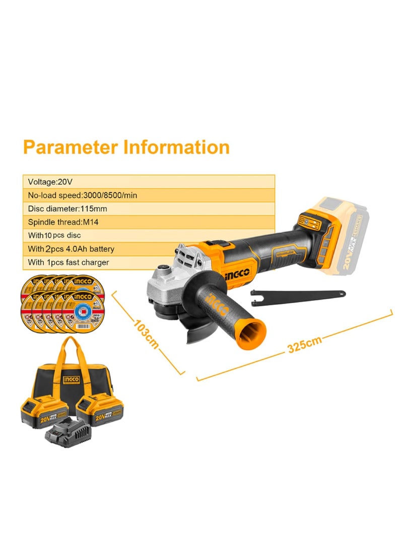 إنجكو جهاز تجليخ زاوية لاسلكي من INGCO – محرك بدون فُرش بقدرة 20 فولت، قرص 115 ملم، 3 إعدادات للسرعة، بطاريتان سعة 4.0 أمبير/ساعة، شاحن، 10 أقراص لقطع المعادن، وحقيبة حمل – الموديل: CAGLI211542 - Image 4