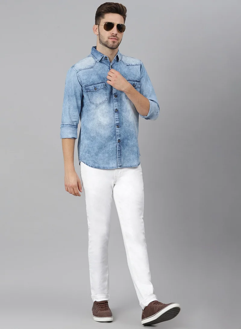 دينيس لينغو Slim Fit Towel Blue Men's Solid Shirt, Spread Collar, Full Sleeves, 100% Cotton,