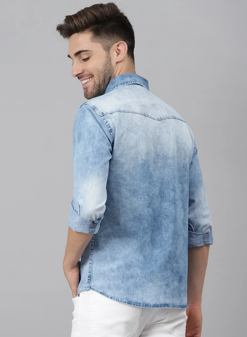 دينيس لينغو Slim Fit Towel Blue Men's Solid Shirt, Spread Collar, Full Sleeves, 100% Cotton,