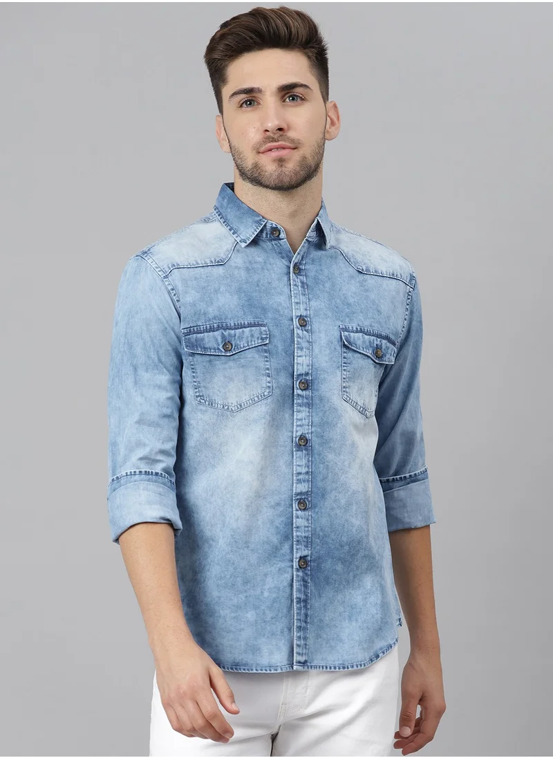 Dennis Lingo Slim Fit Towel Blue Men's Solid Shirt, Spread Collar, Full Sleeves, 100% Cotton,
