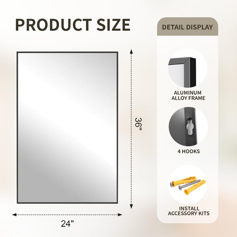 FICTOR Bathroom Vanity Mirror-Black, 36" x 24", Shatterproof & Anti-Rust, Wall Mount Rectangle Mirrors with Metal Frame for Over Sink, Bathroom, Bedroom, Living Room,Entryway - Image 2
