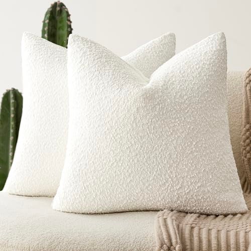 Foindtower Pack of 2 Textured Boucle Throw Pillow Covers Accent Solid Pillow Cases Cozy Soft Decorative Couch Cushion Case for Chair Sofa Bedroom Living Room Home Decor 18 x 18 InchWhite - Image 1