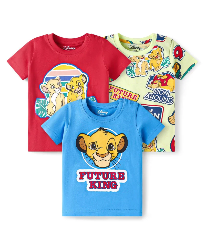 Babyhug Disney Babyhug Disney Single Jersey Knit Half Sleeves T-Shirts With Simba Graphics Pack of 3 - Blue Red & Light Green