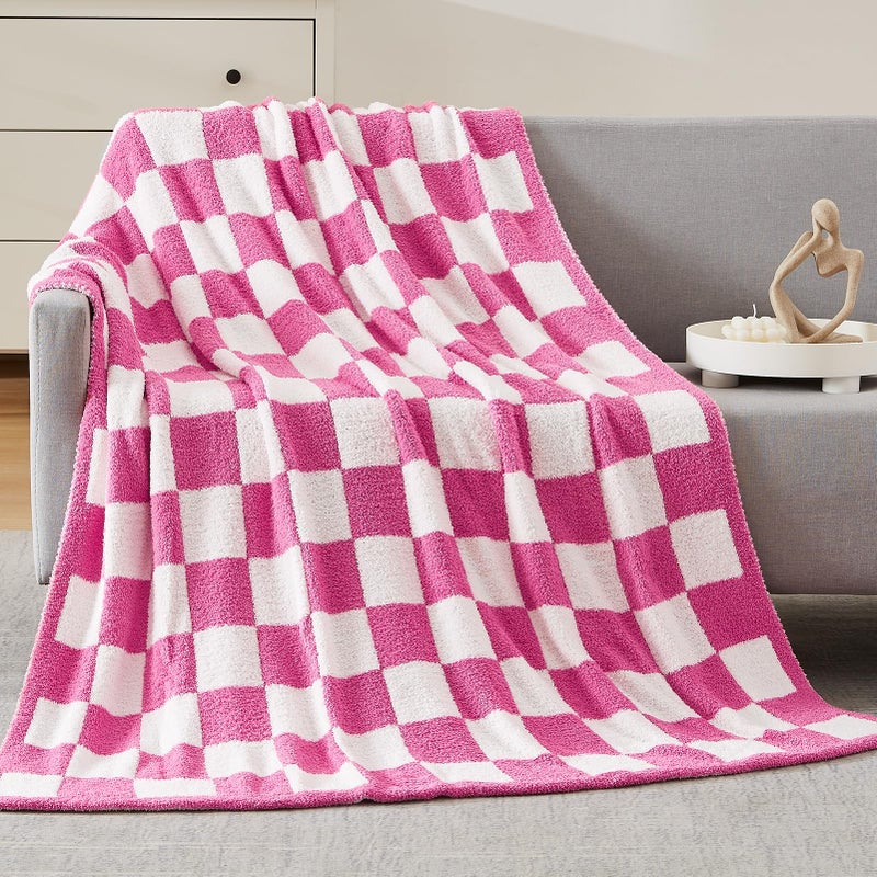 WRENSONGE Checkered Throw Blanket Hot Pink Soft Cozy Fluffy Warm Hand Made Throw Blankets for Couch Sofa Chair Bed Camping Picnic Travel Lightweight Bed Blanket 5070