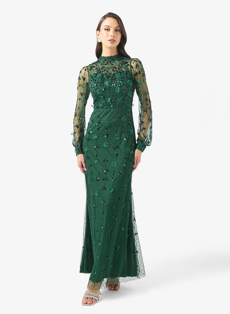 فروك اند فرل فستان سهرة طويل مزين بالترتر وأكمام بالون - Image 4