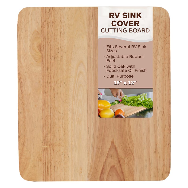 TonGass 15"x13"x3/4" RV Sink Cover with Adjustable Rubber Feet, Camping Cutting Board, Solid Oak with Food-Safe Oil Finish, Dual Purpose Sink Cover Cutting Board Add Counter Space in RV Kitchen - Image 1