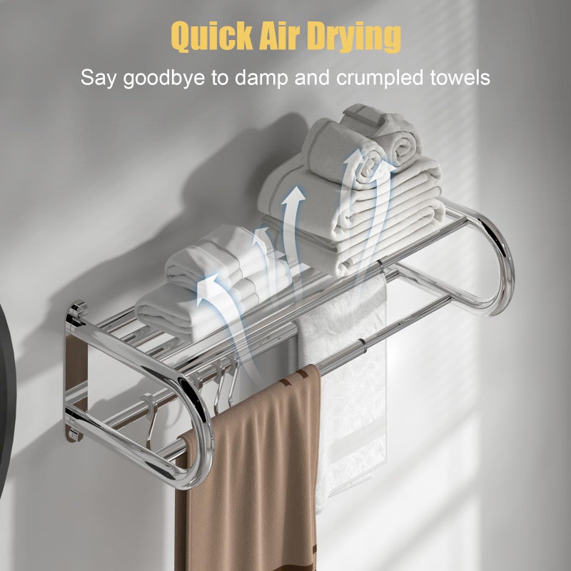 BESy حامل مناشف BESy قابل للتعديل من 15-25 بوصة مع رف للحمام ومرحاض، رف مناشف مزدوج، قضيب مناشف، 4 خطافات، مثبت على الحائط، حامل مناشف متعدد الوظائف، تصميم فندقي، فولاذ مقاوم للصدأ، كروم مصقول - Image 5