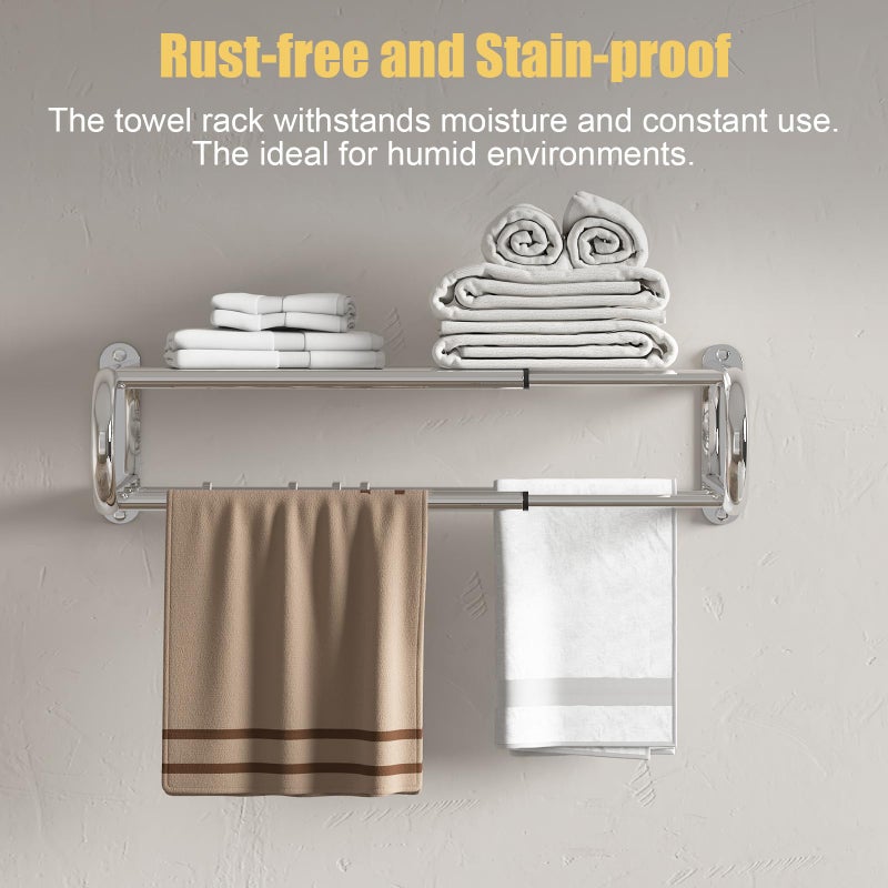BESy حامل مناشف BESy قابل للتعديل من 15-25 بوصة مع رف للحمام ومرحاض، رف مناشف مزدوج، قضيب مناشف، 4 خطافات، مثبت على الحائط، حامل مناشف متعدد الوظائف، تصميم فندقي، فولاذ مقاوم للصدأ، كروم مصقول - Image 4