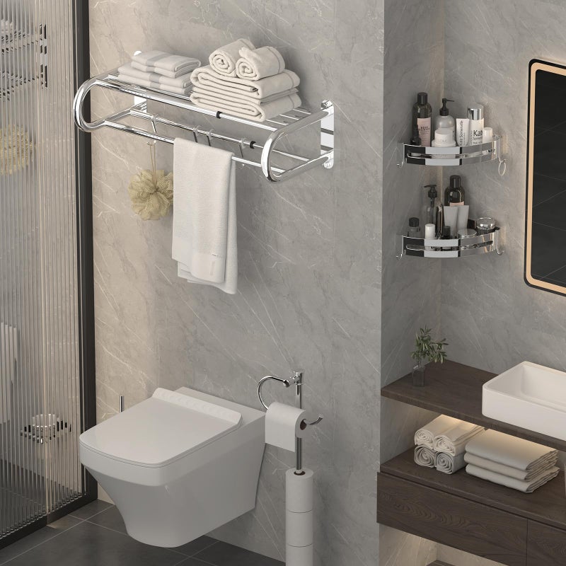 BESy حامل مناشف BESy قابل للتعديل من 15-25 بوصة مع رف للحمام ومرحاض، رف مناشف مزدوج، قضيب مناشف، 4 خطافات، مثبت على الحائط، حامل مناشف متعدد الوظائف، تصميم فندقي، فولاذ مقاوم للصدأ، كروم مصقول - Image 2