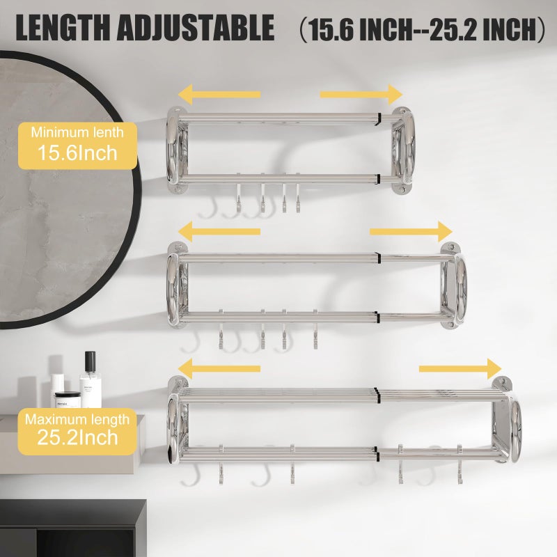 BESy حامل مناشف BESy قابل للتعديل من 15-25 بوصة مع رف للحمام ومرحاض، رف مناشف مزدوج، قضيب مناشف، 4 خطافات، مثبت على الحائط، حامل مناشف متعدد الوظائف، تصميم فندقي، فولاذ مقاوم للصدأ، كروم مصقول - Image 3