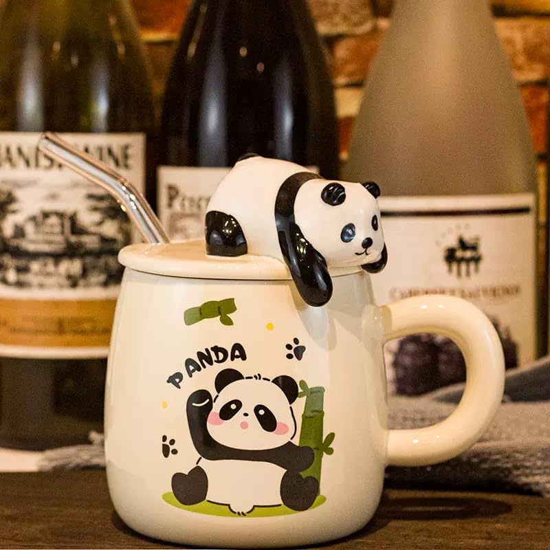 Vasukie 3D Panda Ceramic Coffee Mug with Lid & Glass Spoon, Gift for Brother, Birthday, Rakhi, Panda Mug White, 420ml - Image 1