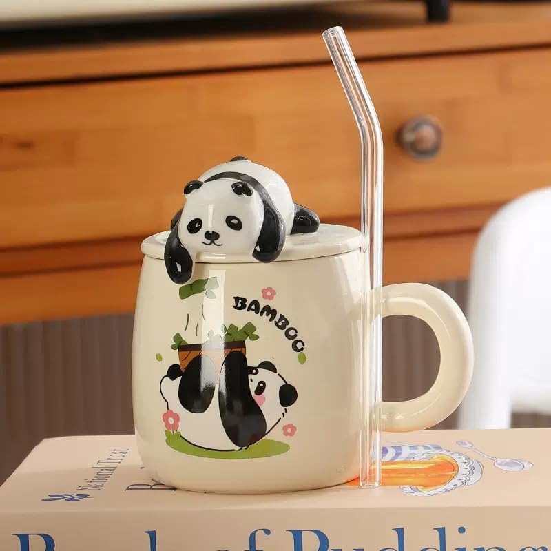 Vasukie 3D Panda Ceramic Coffee Mug with Lid & Glass Spoon, Gift for Brother, Birthday, Rakhi, Panda Mug White, 420ml - Image 4