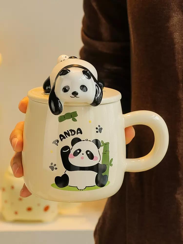 Vasukie 3D Panda Ceramic Coffee Mug with Lid & Glass Spoon, Gift for Brother, Birthday, Rakhi, Panda Mug White, 420ml - Image 2