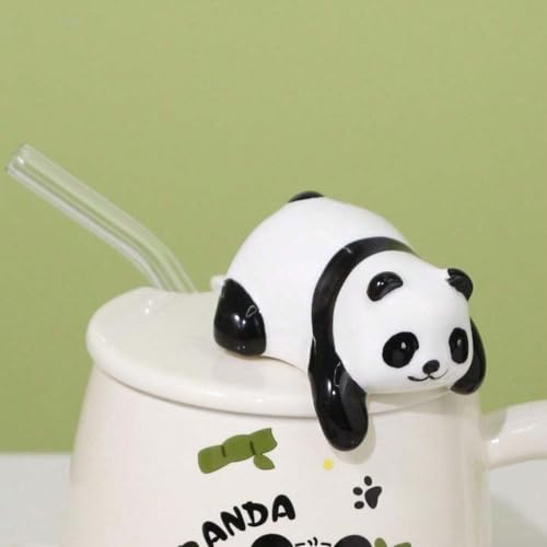 Vasukie 3D Panda Ceramic Coffee Mug with Lid & Glass Spoon, Gift for Brother, Birthday, Rakhi, Panda Mug White, 420ml - Image 5