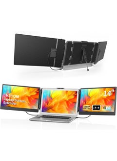 موسع شاشة لاب توب، شاشة 14 انش FHD 1080P IPS رفيعة للغاية، شاشة مزدوجة / ثلاثية، شاشة محمولة بمنفذ HDMI/USB-C للابتوب ومكبرات صوت مدمجة (ماك، ويندوز، اندرويد)