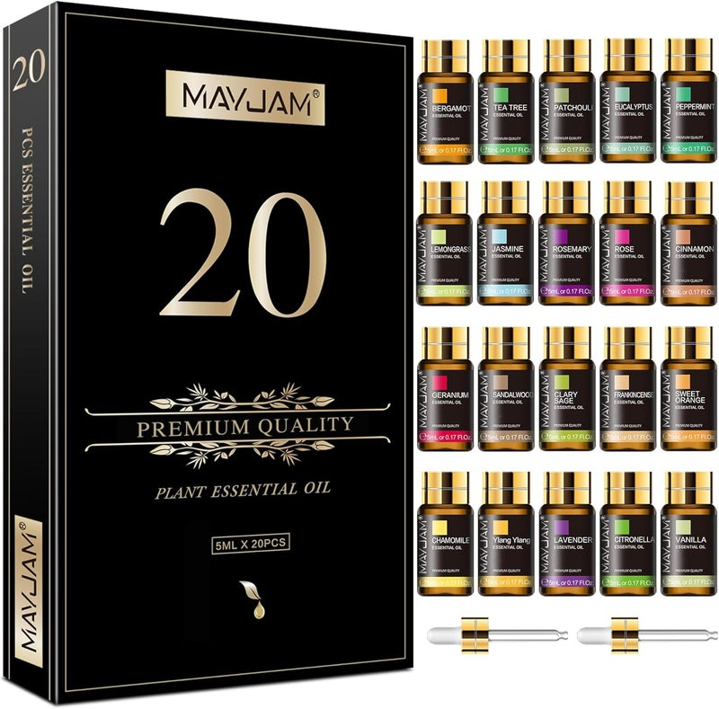 مجموعة هدايا زيت عطري نقي من MAYJAM 20 قطعة، للمبخرات، المرطبات، العناية بالبشرة، التدليك، عطر الزيت العطري لصنع الشموع والصابون DIY، هدية للصديق (5 مل) - Image 1
