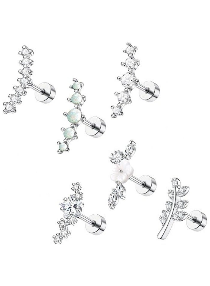 6Pcs 16G Cartilage Earring Set Stainless Steel Flower Opal CZ Stud Earrings Flat Back Cartilage Conch Helix Piercing Jewelry for Women  - Image 1