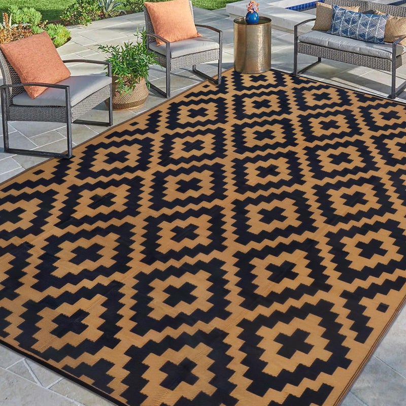 SAND MINE Reversible Mats, Plastic Straw Rug, Modern Area Rug, Large Floor Mat and Rug for Outdoors, RV, Patio, Backyard, Deck, Picnic, Beach, Trailer, Camping, Black & Brown, 9' x 12' - Image 1