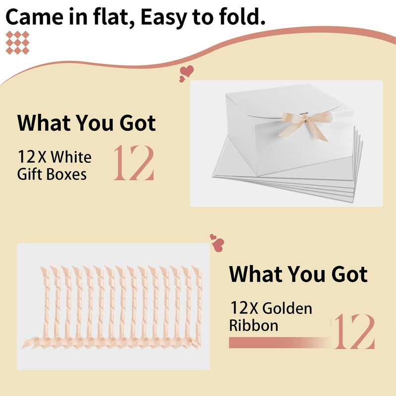 WLUSEAXI 12pack Gift Boxes with Lids,White Gift Boxes Bulk with Gold Bow Ribbon,Bridesmaid Proposal Box for Presents Kraft Paper for Wedding,Christmas,Halloween,Baby Shower - Image 3