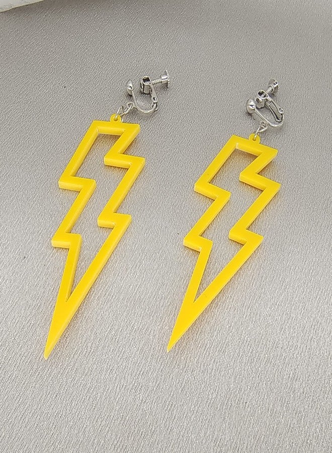 Modpide 80S Neon Earrings Acrylic Hollow Lightning Bolt Clip on Earrings Halloween 1980s Party Non Pierced Clip Earrings for Women (dark yellow) - Image 2