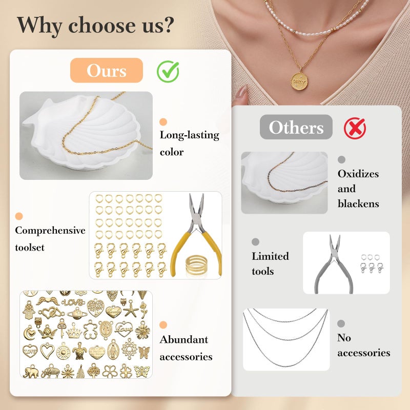 Ecoofor 14k Gold Necklace Chain for Jewelry Making, 16.6 Feet Total (5 Rolls) DIY Bracelet Chains with 300 Jump Rings, 50 Lobster Clasps, 1 Jewelry Pliers,1 Support Ring and 50 Pendants - Image 5