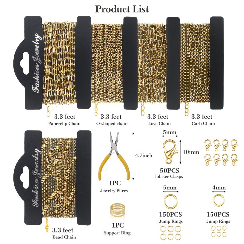 Ecoofor 14k Gold Necklace Chain for Jewelry Making, 16.6 Feet Total (5 Rolls) DIY Bracelet Chains with 300 Jump Rings, 50 Lobster Clasps, 1 Jewelry Pliers,1 Support Ring and 50 Pendants - Image 3
