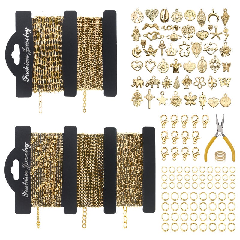 Ecoofor 14k Gold Necklace Chain for Jewelry Making, 16.6 Feet Total (5 Rolls) DIY Bracelet Chains with 300 Jump Rings, 50 Lobster Clasps, 1 Jewelry Pliers,1 Support Ring and 50 Pendants - Image 1