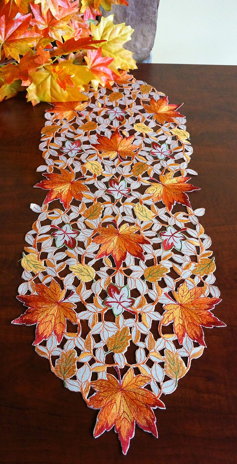 GRANDDECO Fall Halloween Table Runner 13""x36"" Thanksgiving Holiday Cutwork Applique Embroidered Pumpkins Maple Leaves and Bats Dresser Scarf for Home Dining Autumn Tabletop Decoration (Maple Leaves  13""x34"") - Image 3