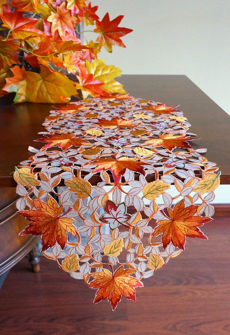 GRANDDECO Fall Halloween Table Runner 13""x36"" Thanksgiving Holiday Cutwork Applique Embroidered Pumpkins Maple Leaves and Bats Dresser Scarf for Home Dining Autumn Tabletop Decoration (Maple Leaves  13""x34"") - Image 2