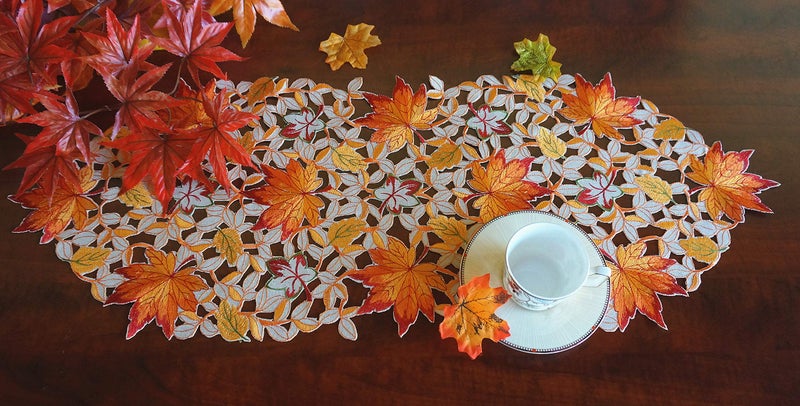 GRANDDECO Fall Halloween Table Runner 13""x36"" Thanksgiving Holiday Cutwork Applique Embroidered Pumpkins Maple Leaves and Bats Dresser Scarf for Home Dining Autumn Tabletop Decoration (Maple Leaves  13""x34"") - Image 5