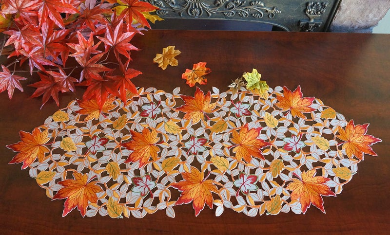 GRANDDECO Fall Halloween Table Runner 13""x36"" Thanksgiving Holiday Cutwork Applique Embroidered Pumpkins Maple Leaves and Bats Dresser Scarf for Home Dining Autumn Tabletop Decoration (Maple Leaves  13""x34"") - Image 4