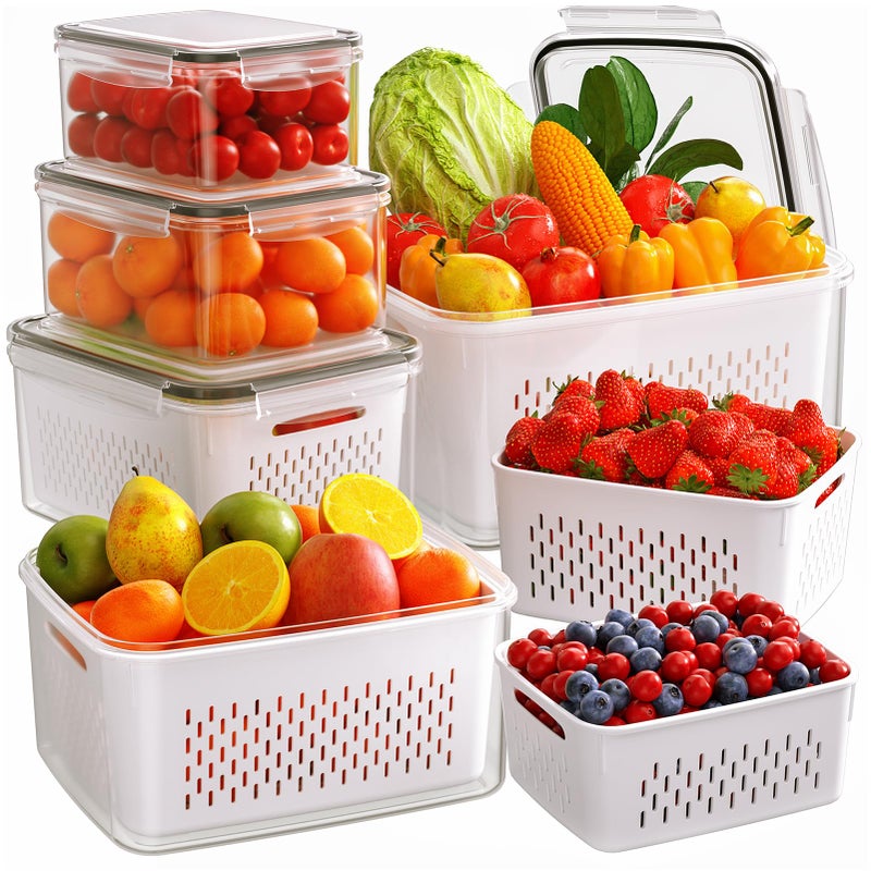 Winproper 6 PCS Fruit Storage Containers for Fridge with Removable Colanders, 6 Plastic Food Storage Containers with 6 Lids, Leakproof Produce Containers Keep Fruits, Vegetables, Berry, Meat Fresh Longer - Image 1