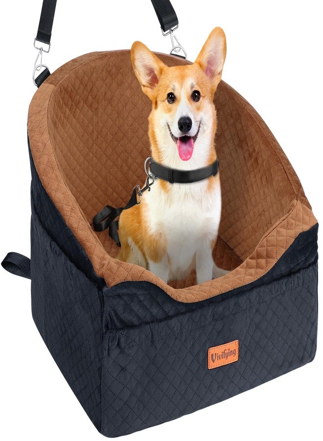 Vivifying Dog Car Seat for Small & Medium Dogs, Detachable & Washable Booster Seat for Pets Up to 30lbs, Travel Bed with Storage Pockets and Safety Belt – Brown&Black - Image 1