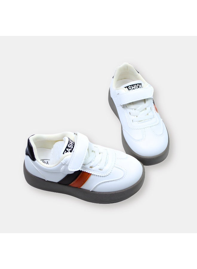 White children's shoes with brown and black details - lace with velcro tape