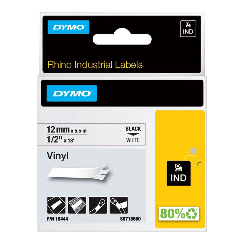 DYMO Rhino Industrial Vinyl Labels 1/2" Black Print on White Tape - Image 1