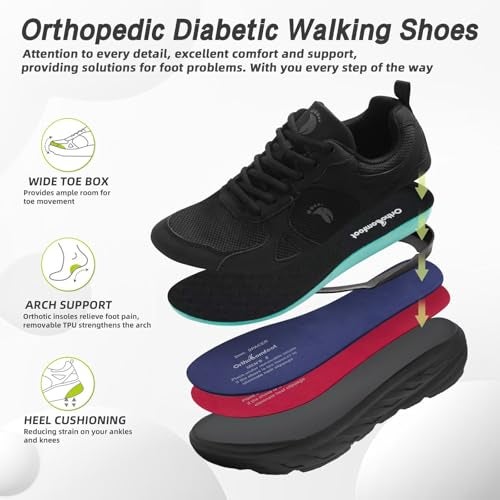 OrthoComfoot Men's Orthopedic Diabetic Wide Toe Box Breathable Walking Shoes: Stylish Arch Support Plantar Fasciitis Orthotics Foot Pain Relief Trail Sneakers, Leisure Outdoor Standing Tennis Shoes Black Size 11 - Image 2