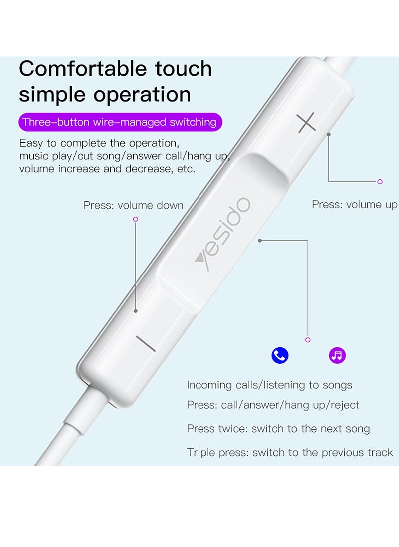 Yesido Earphones with Wired Control and Ergonomic Design, 3 Buttons and Type-C Connector, Yesido YH38 - White  - Image 3