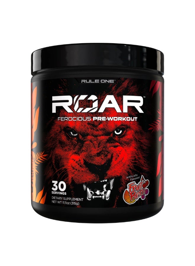 رول 1 مسحوق ما قبل التمرين Rule 1 Roar Ferocious | مع الكرياتين، وبيتا ألانين، والسيترولين، والإلكتروليتات، والكافيين | بنكهة الفواكه البرية | 30 حصة - Image 1