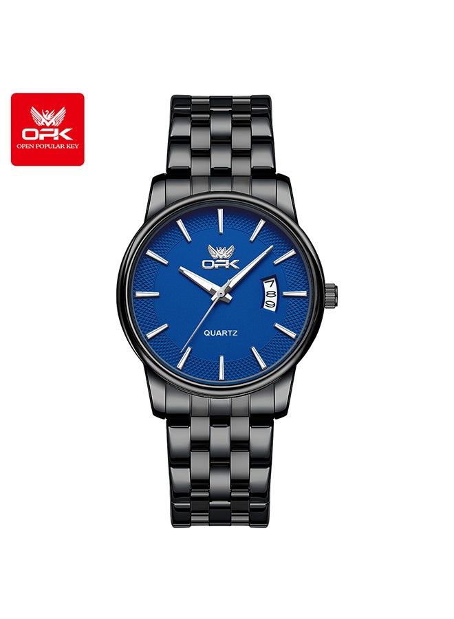 او بي كي ساعة كوارتز رجالية مضيئة مقاومة للماء بسوار من الفولاذ 6045، لون أسود وأزرق بالكامل. - Image 1